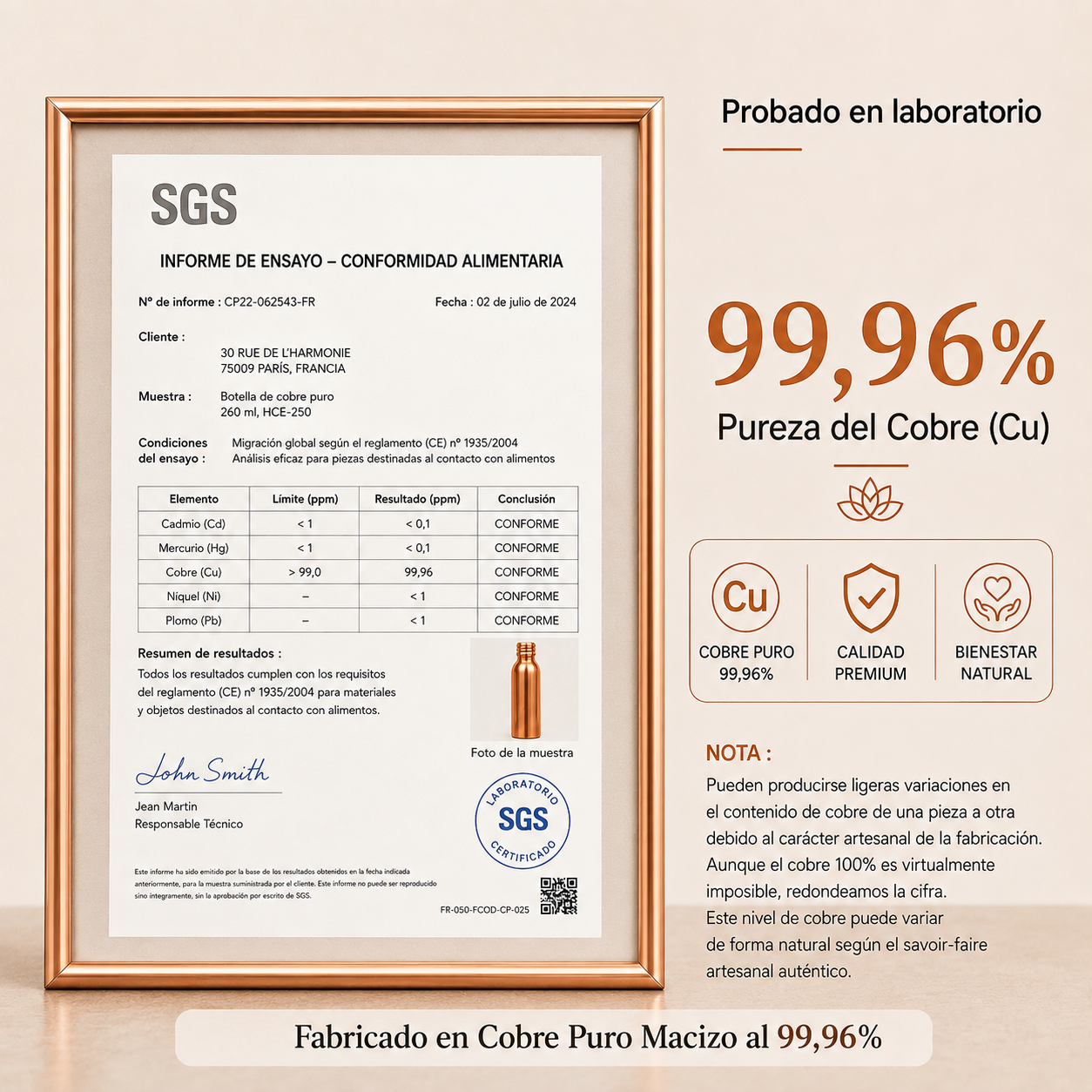 Dispensador de Agua de Cobre Macizo Puro 99,9% Cobreva