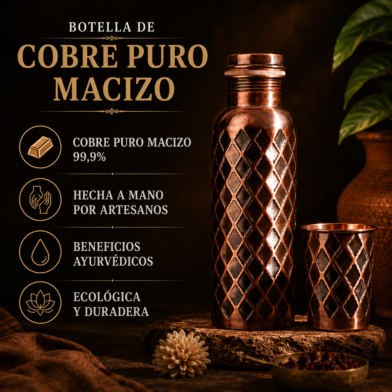 Botella Diamond Cobreva – Cobre Puro Macizo 99,9%