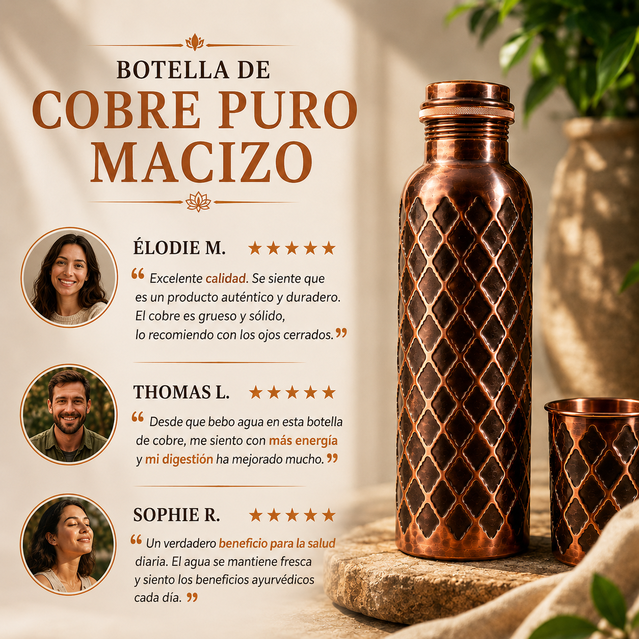 Botella Diamond Cobreva – Cobre Puro Macizo 99,9%