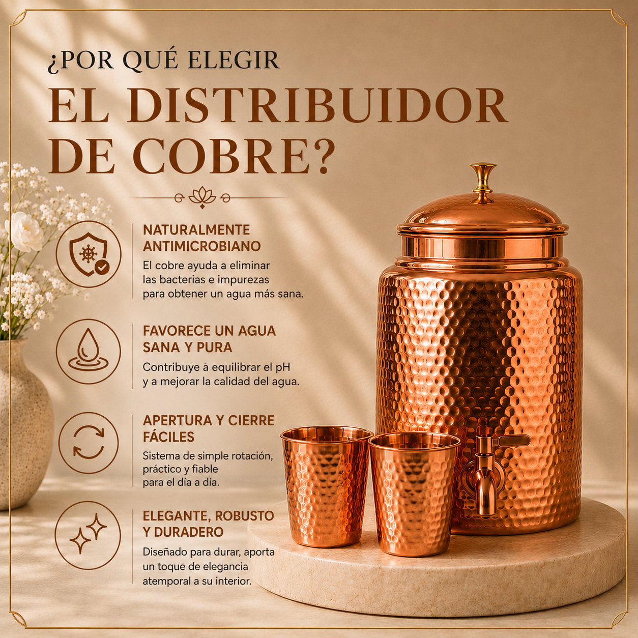 Dispensador de Agua de Cobre Macizo Puro 99,9% Cobreva