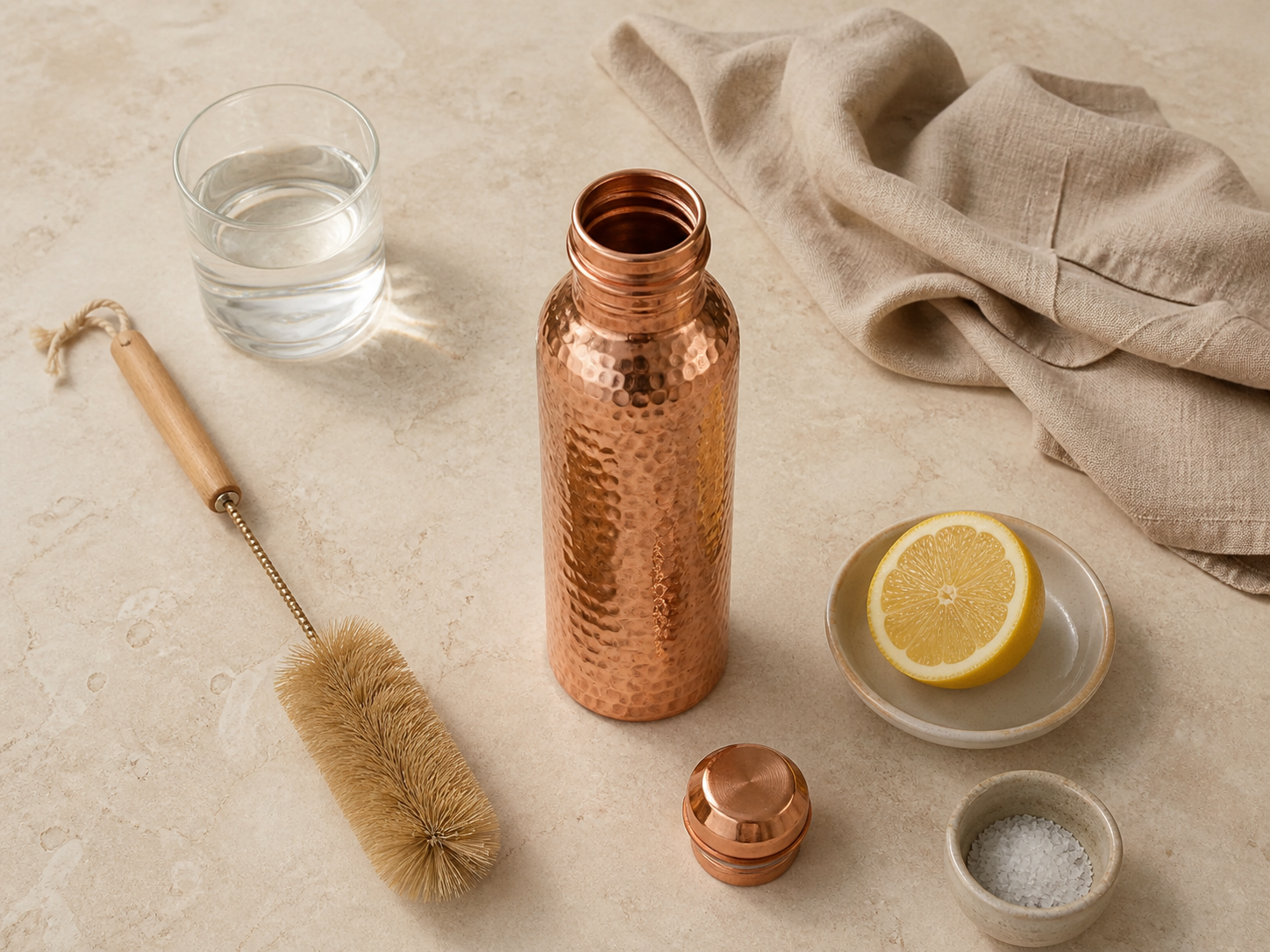 Botella Cobreva con cepillo natural, agua, limón, sal y paño de lino para su cuidado